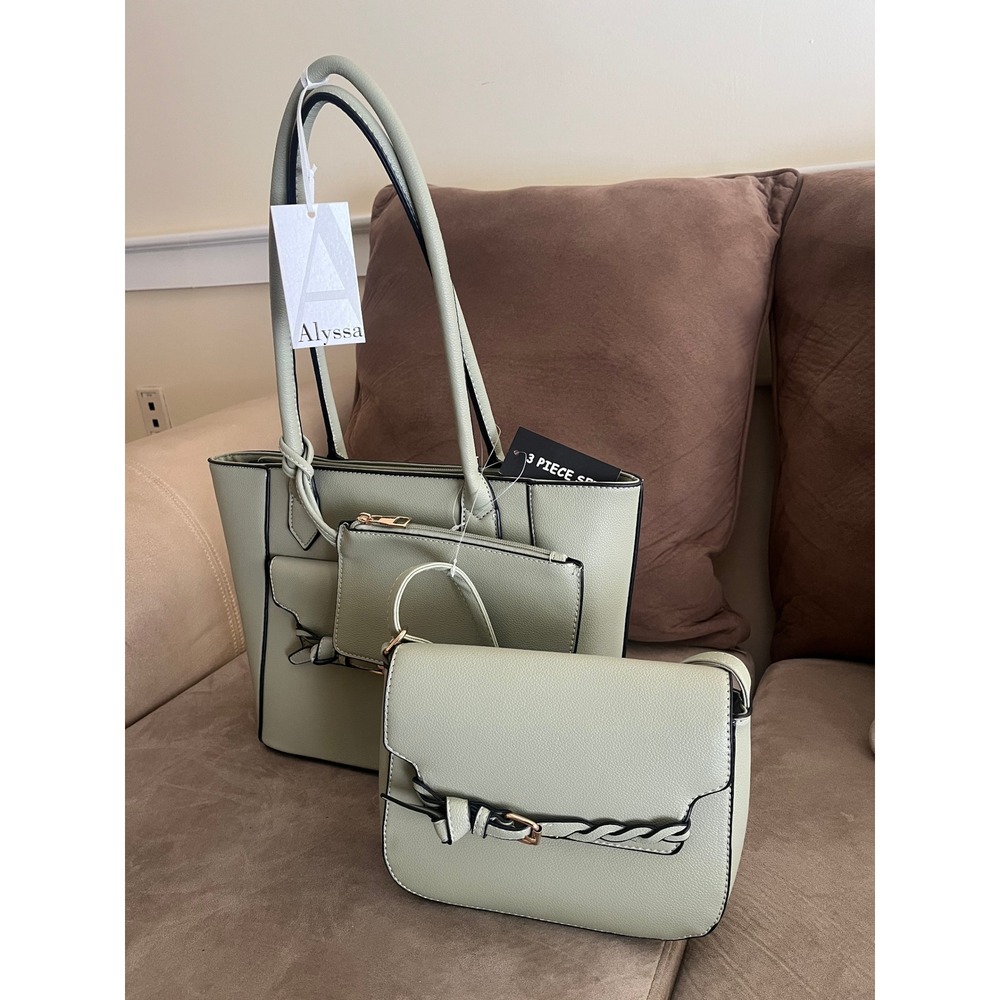 Alyssa‎ 3 Piece Handbag Set Sage Green Tote Crossbody Pouch Vegan Leather NEW